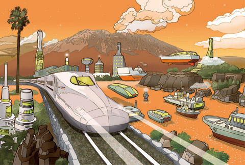 未来の錦江湾と桜島と船舶